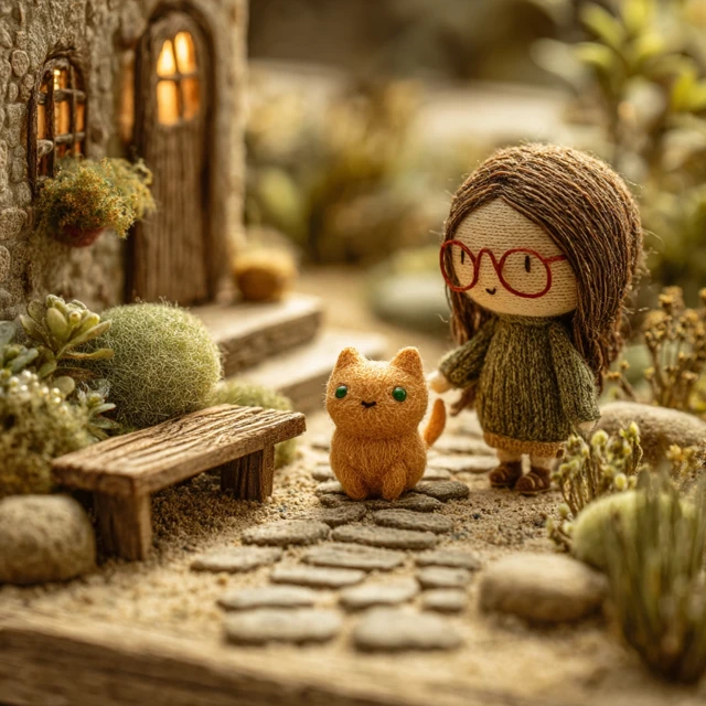 Miniature Diorama Girl and Cat in a Garden