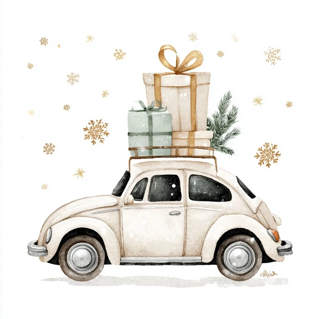 Cute Christmas Car Watercolor Illustration