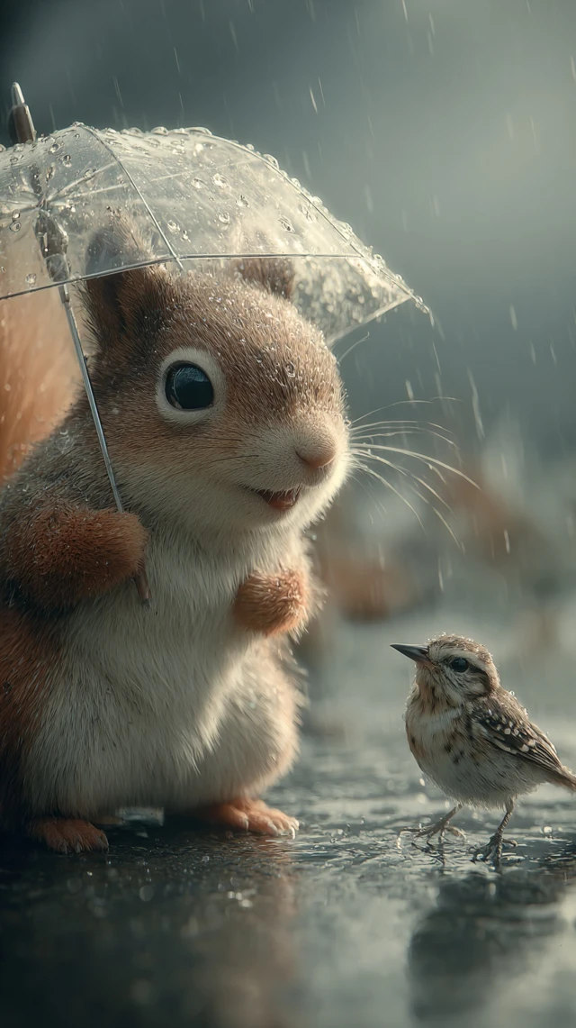 Sparrow and Squirrel Under Umbrella Rainy Day