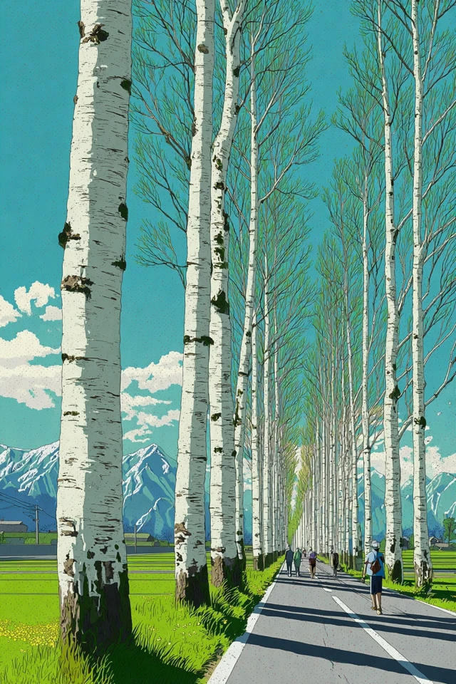 Birch Trees and Asphalt Road in Spring