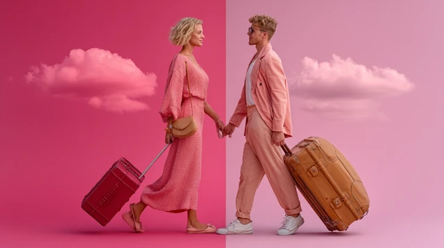 Travel Couple Holding Hands Suitcases Advertising