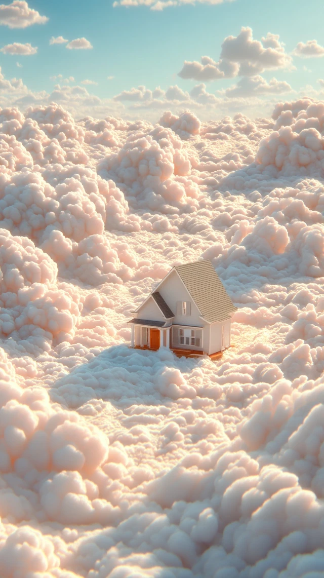 Floating House in the Clouds Dreamlike Serene Scene