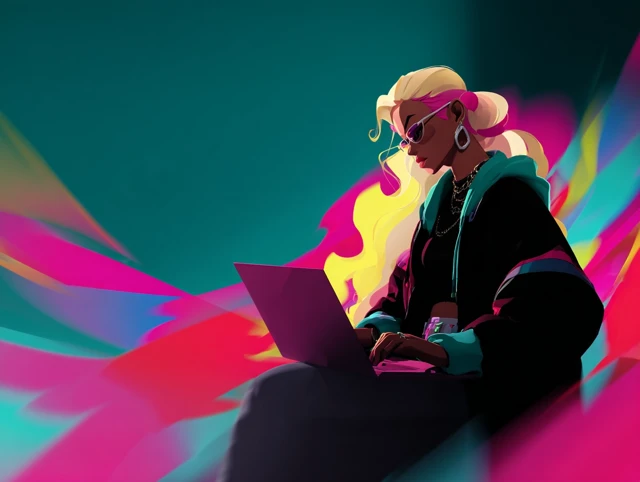 Blonde Woman on Laptop Modern Art Illustration
