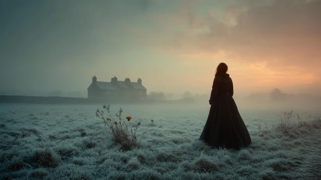 Woman in Frosty Field Dawn Rural Scene