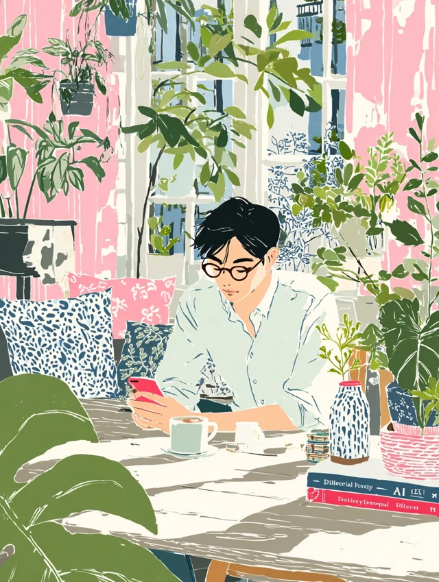 Cafe Scene East Asian Man with Smartphone