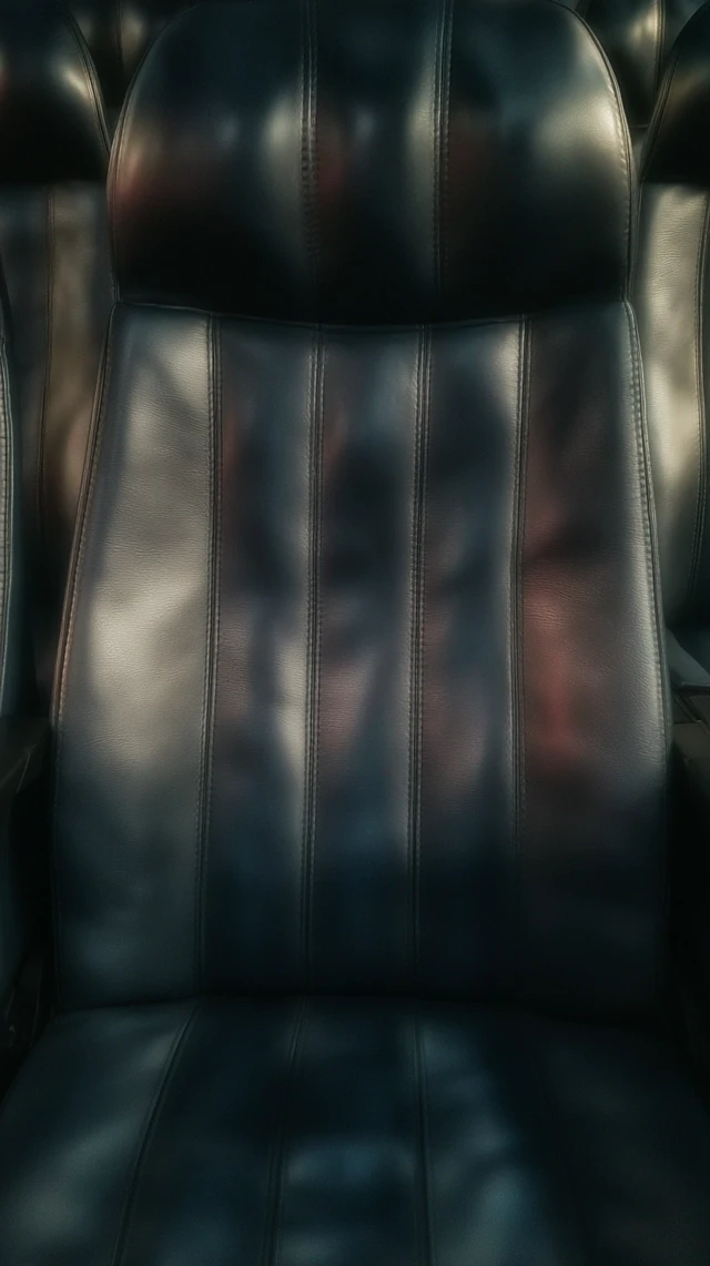 Navy Leather Airplane Seat Close Up Macro 8K