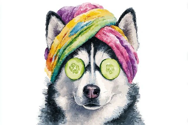 Husky Dog Beauty Treatment Watercolor Art