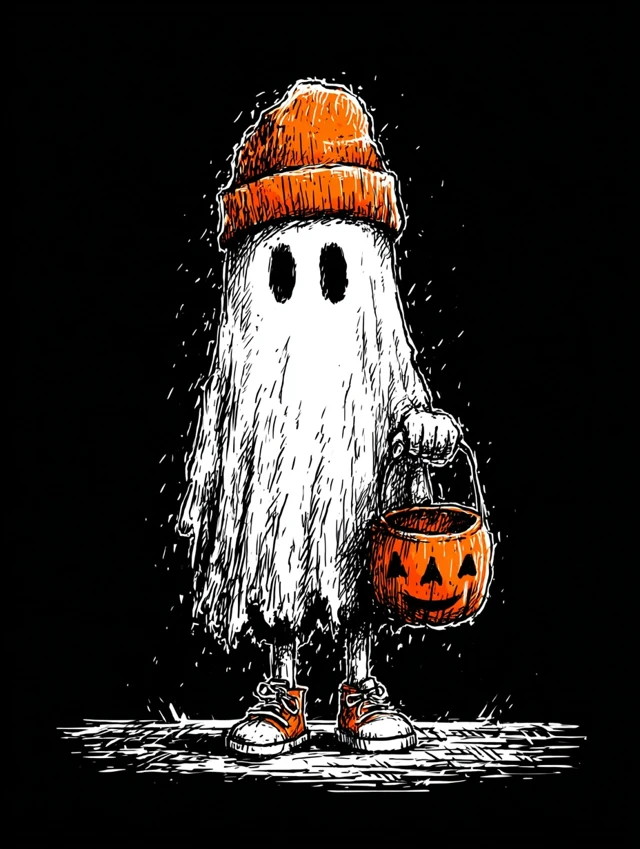Cute Ghost in Beanie Halloween Illustration