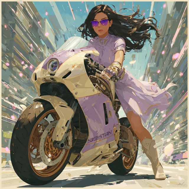 Anime Woman on Motorbike Racing in Futuristic City