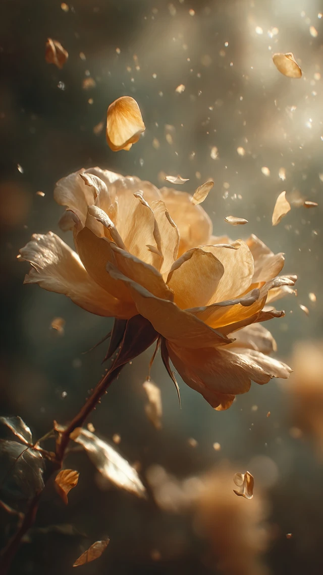 Dreamy Rose in Golden Light Petals Falling