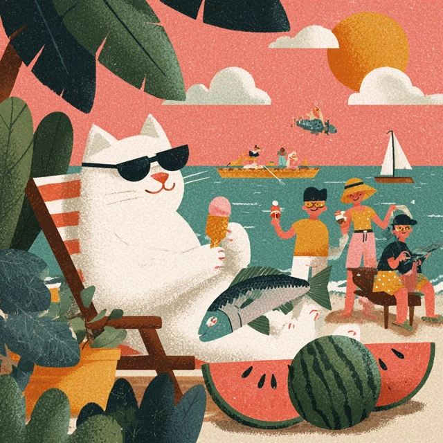 Cool Cat Summer Beach Illustration