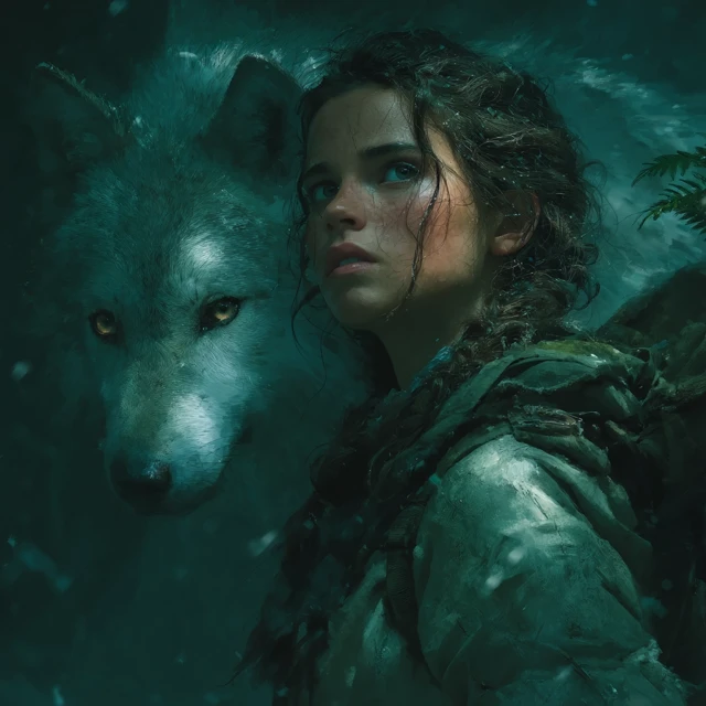 Woman and Wolf in a Mystical Forest