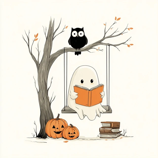 Cute Ghost Reading Book Halloween Illustration