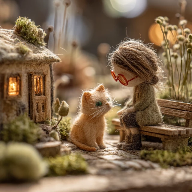 Miniature Diorama Girl and Cat in a Garden