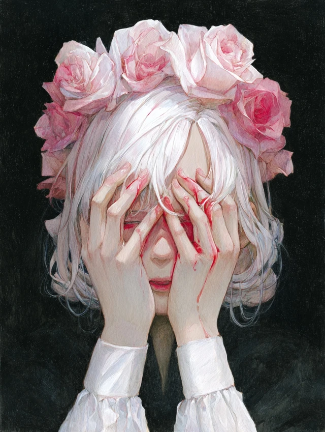 White Haired Girl with Roses Oil Painting Portrait