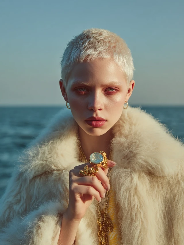 Albino Woman in Fur Coat with Jewelry Fashion Photo