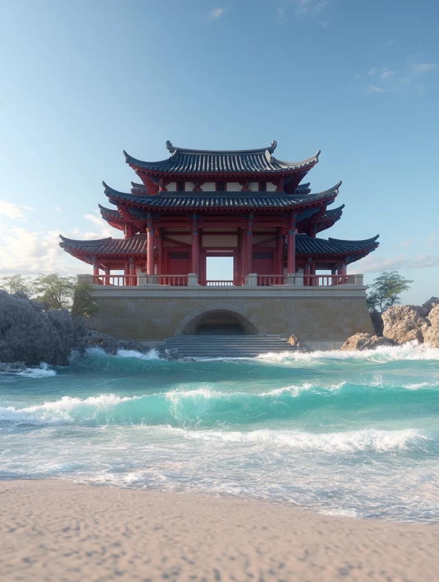Majestic East Asian Temple on the Beach 3D Render