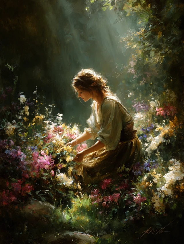 Village Woman in Flower Garden Serene Painting