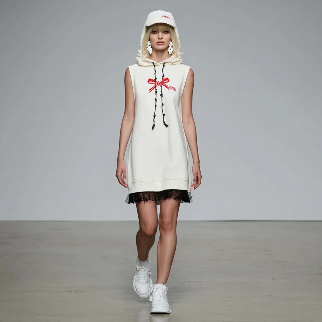 Fashion Model in Off White Sleeveless Dress