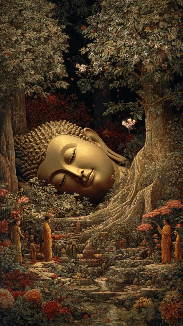 Buddha Nirvana Oil Painting Peaceful Scene