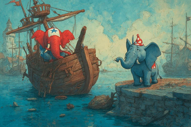 Cartoon Elephant on Sinking Ship