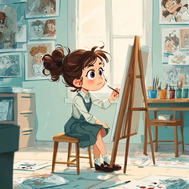 Cartoon Girl Artist in Art Classroom