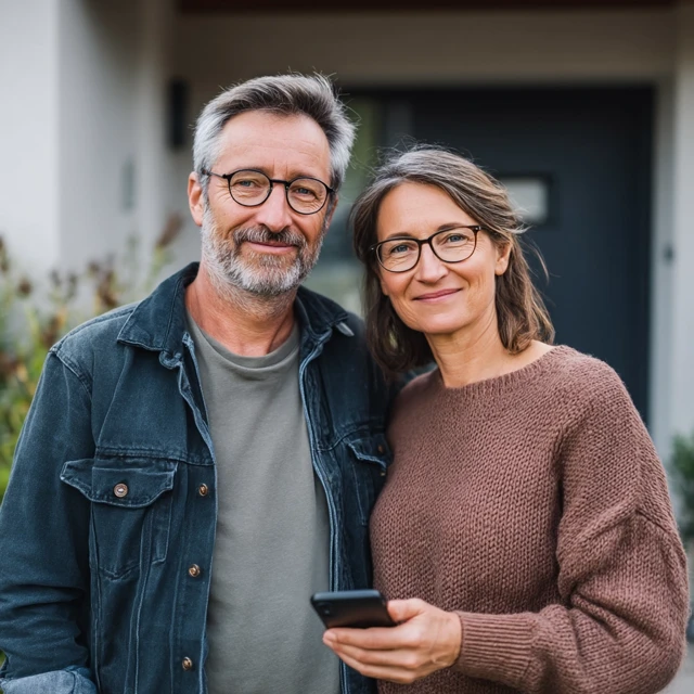Happy Couple Standing in Front of Their House