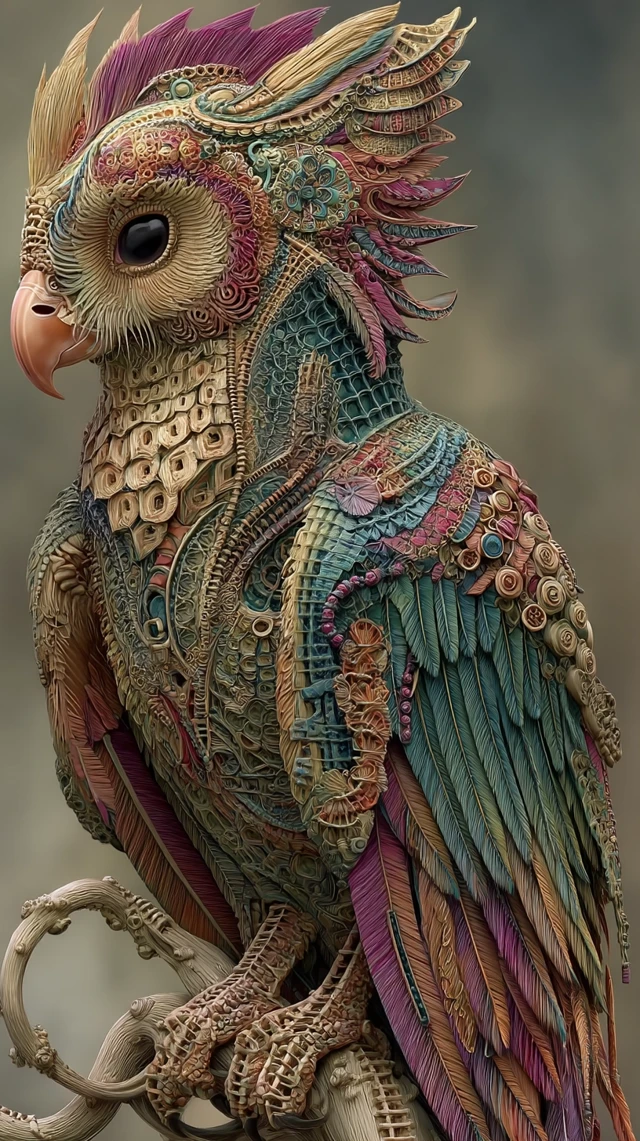 Mystical Owl Bird with Five Colored Feathers