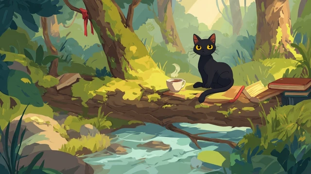 Cute Cartoon Cat in Forest Scene Relaxing with Coffee