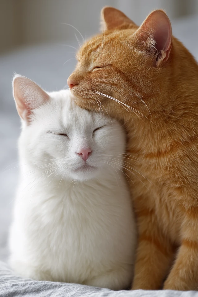 Loving Cats: White Cat and Orange Cat Cuddle