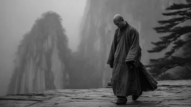 Solitary Monk Ritual in Chinese Mountains