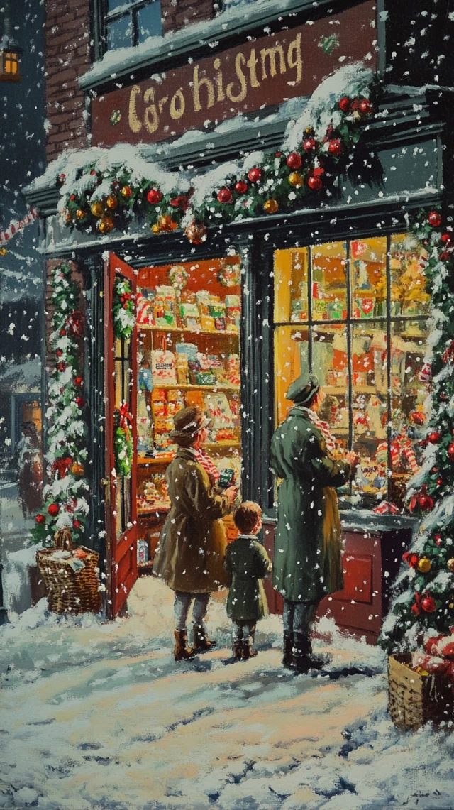 1940s American Christmas Illustration Family in Store