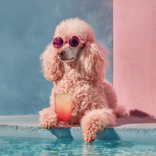 Pink Poodle Poolside with Cocktail Wes Anderson Style