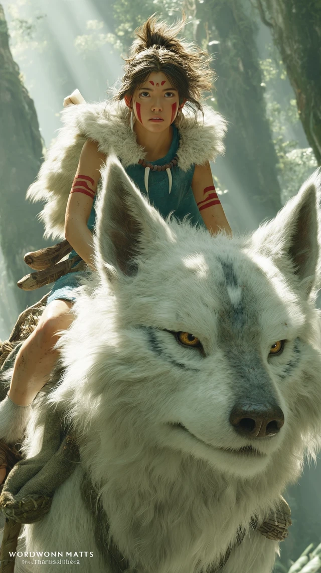 Japanese Girl on a Wolf in Mystical Forest Photo