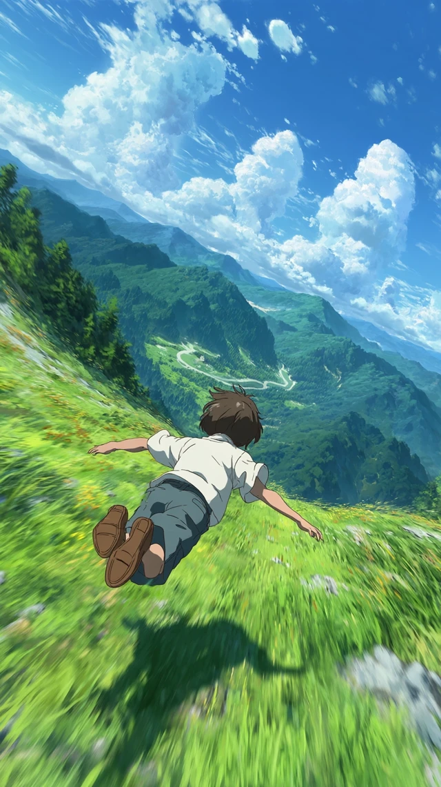 Anime Boy Gliding Over Valley - Adventure Scene