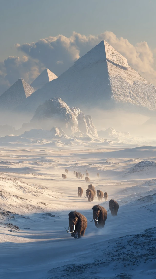 Woolly Mammoths in Snowy Egypt Ancient Scene
