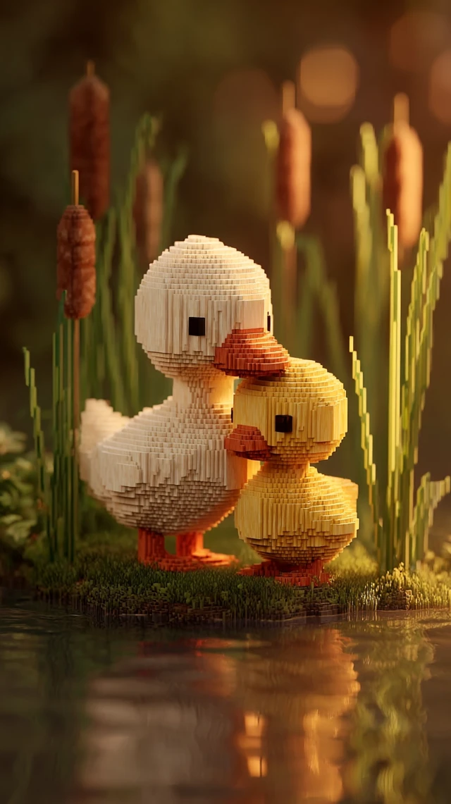 Minecraft Pixel Ducks Embracing by a Lake