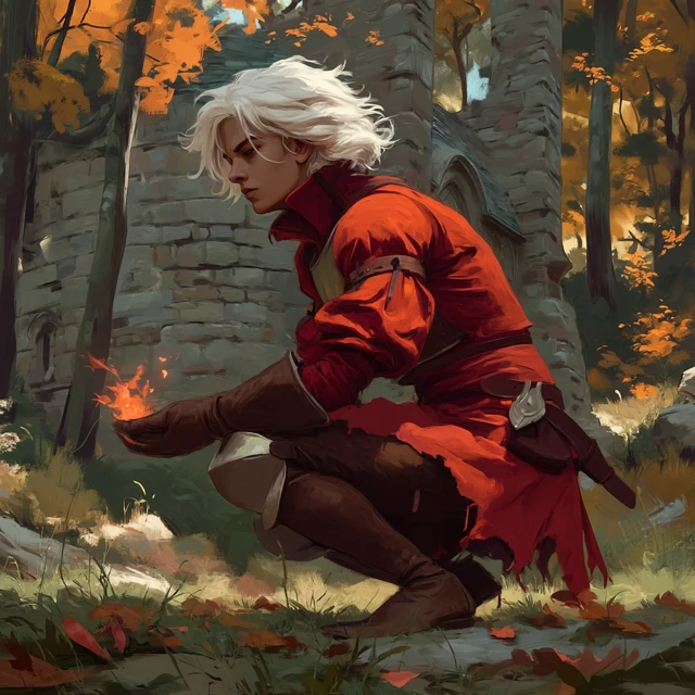 Autumnal Warrior Holding Fire in Forest