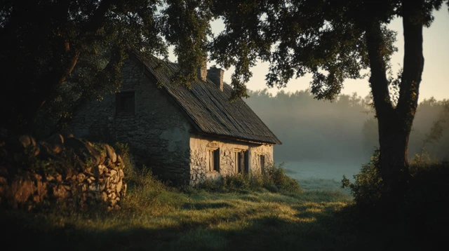 Stone Cottage in Morning Mist