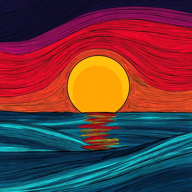 Sunset Over the Sea Colorful Illustration