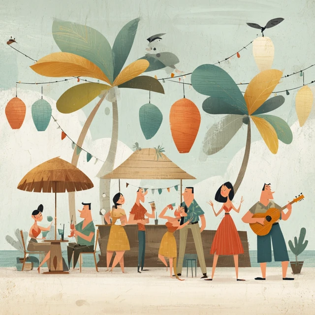 Tropical Tiki Bar Illustration Hula Dancers Ukulele Music