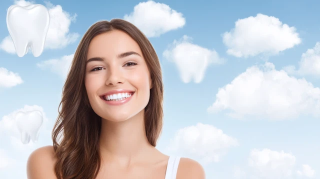 Beautiful Woman Smiling with Teeth Clouds and Blue Sky