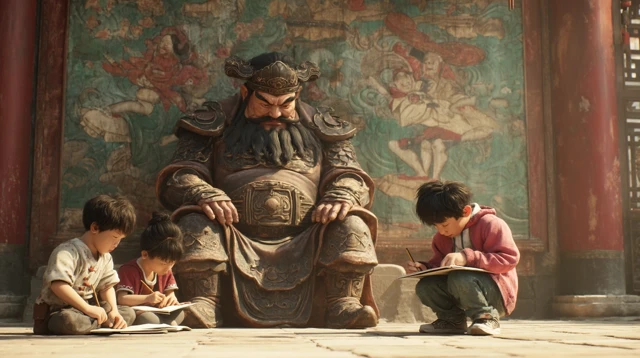 Ancient Chinese Temple Guan Yu Statue Scene