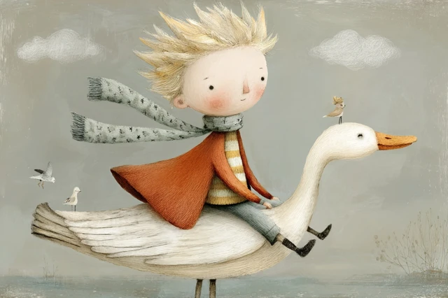 Charming Boy Riding Goose Little Prince Vibe Painting
