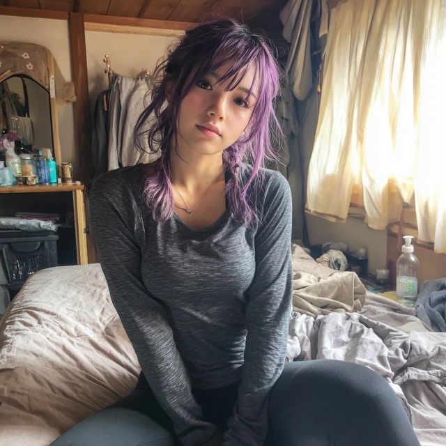 Japanese Girl Purple Hair Selfie in Cozy Room