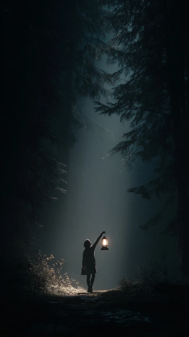 Person in Forest Holds Lantern Light Adventure