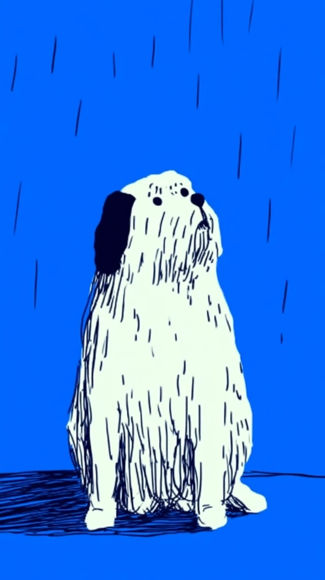 Sad Puppy Illustration Minimalist Blue Background