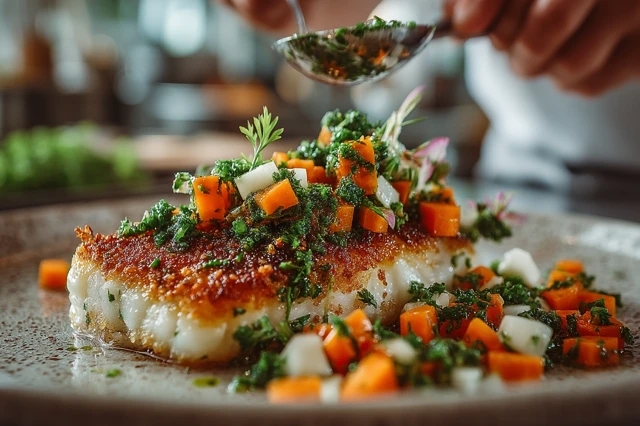 Chef Plating Fish Fillet with Fresh Vegetables