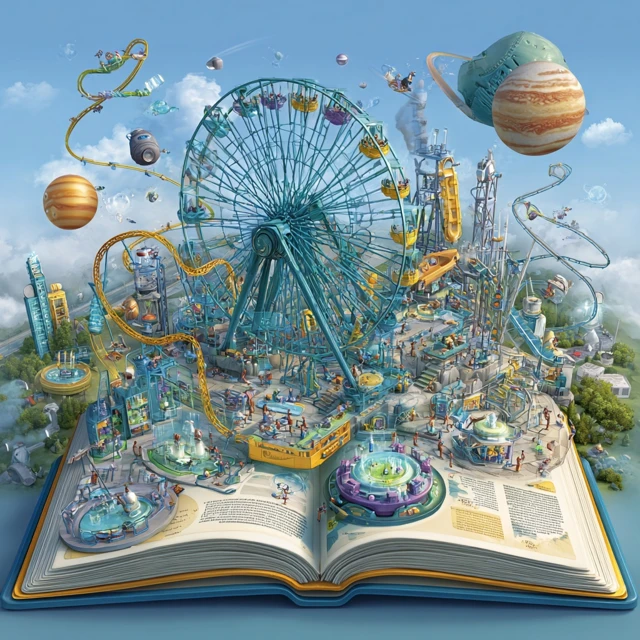 Science Theme Park on a Book Whimsical and Educational