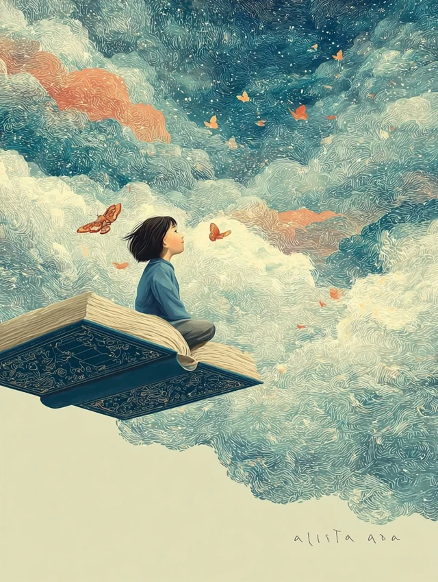Girl on Flying Book Dreamy Illustration Art